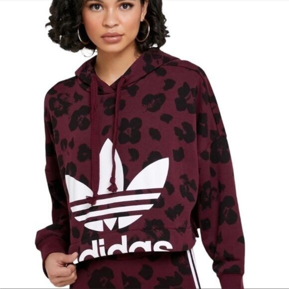 Adidas Originals Bellista Women's Cropped Burgundy Leopard Print Hoodie Small - Picture 3 of 10